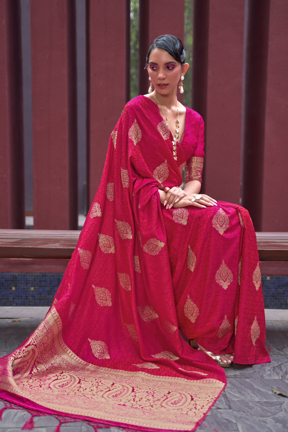 Printed Silk Saree with Zari Border and Tassels