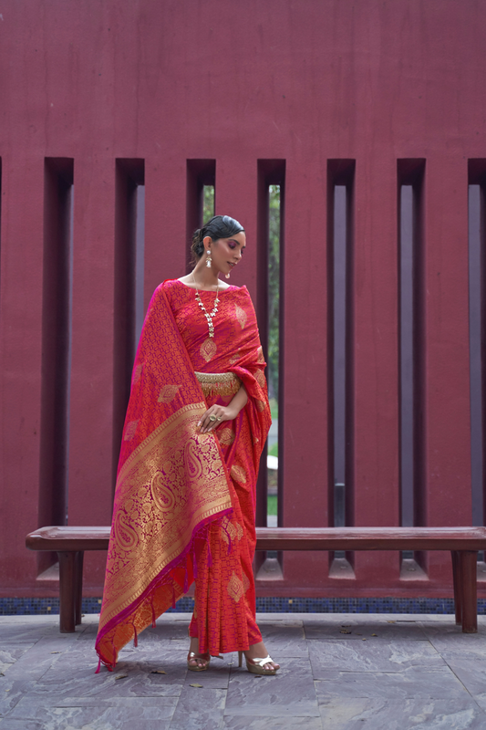 Printed Silk Saree with Zari Border and Tassels