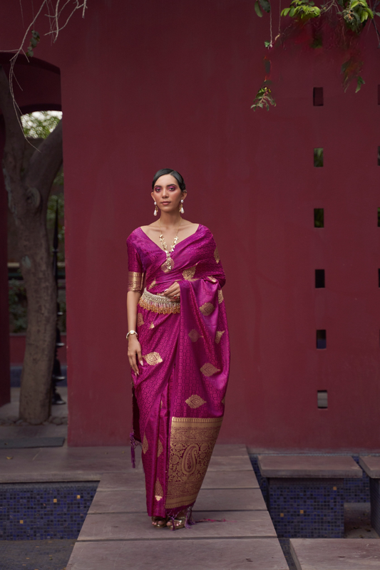 Printed Silk Saree with Zari Border and Tassels