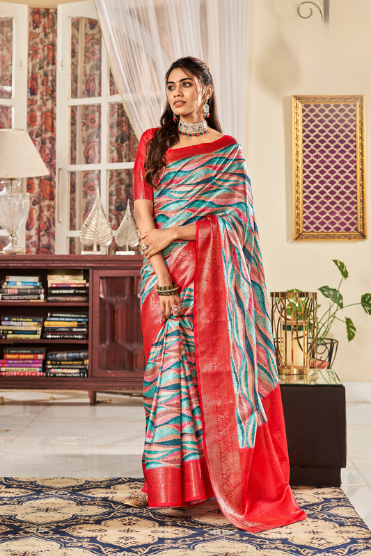 Glossy Pure Satin Silk Drape with Contemporary Digital Art - LaVante Fashion