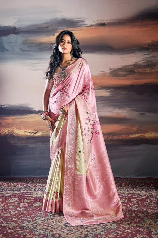 Elegant Pure Satin Fabric Featuring Self Weaving and Floral Digital Printt