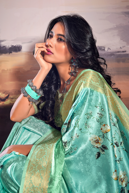 Elegant Pure Satin Fabric Featuring Self Weaving and Floral Digital Printt