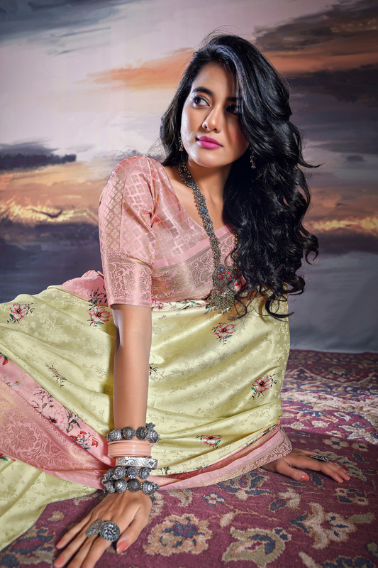 Elegant Pure Satin Fabric Featuring Self Weaving and Floral Digital Printt