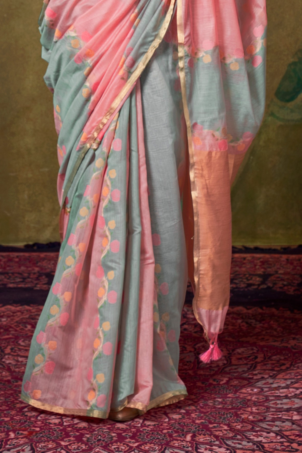 Pure Spun Rangkaat Weaving Saree with Heavy Pallu & Tassels