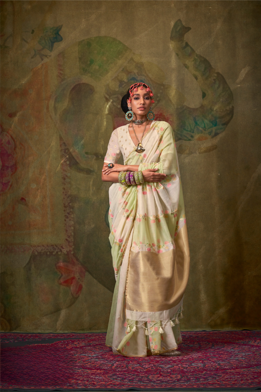 Pure Spun Rangkaat Weaving Saree with Heavy Pallu & Tassels