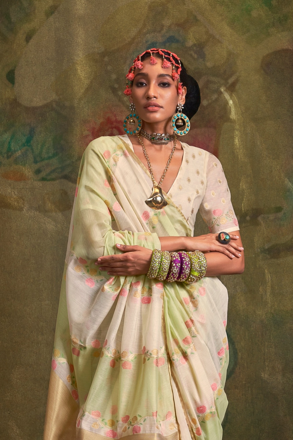 Pure Spun Rangkaat Weaving Saree with Heavy Pallu & Tassels