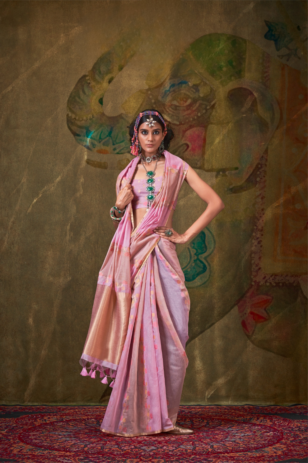 Pure Spun Rangkaat Weaving Saree with Heavy Pallu & Tassels