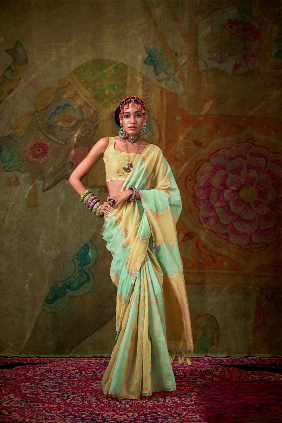 Pure Spun Rangkaat Weaving Saree with Heavy Pallu & Tassels