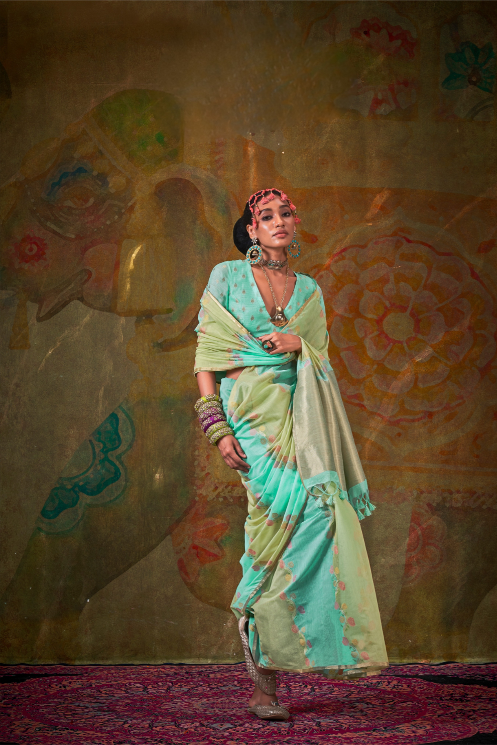 Pure Spun Rangkaat Weaving Saree with Heavy Pallu & Tassels