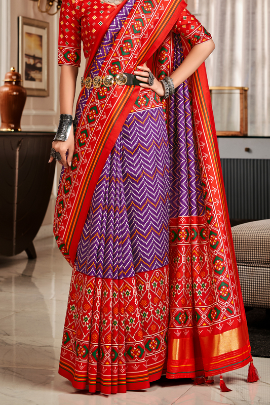 Pure Tussar Silk Saree with Patola Print & Lagdi Patta Pallu - LaVante Fashion