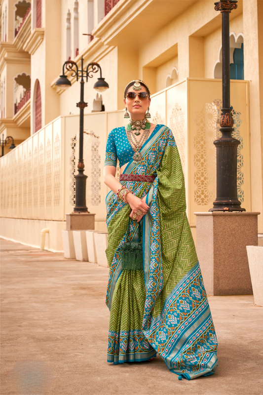 Classy Mehndi Traditional Saree with Elegant Weaving Work