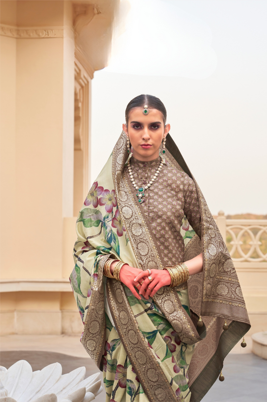 Modern Foil Printed Silk Saree with Aqua Inspired Finish