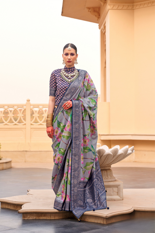 Modern Foil Printed Silk Saree with Aqua Inspired Finish