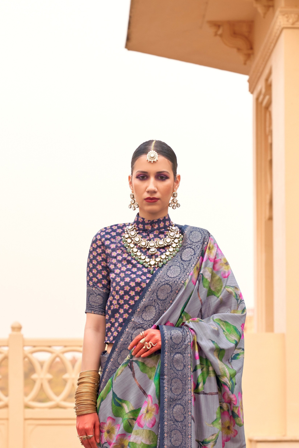 Modern Foil Printed Silk Saree with Aqua Inspired Finish