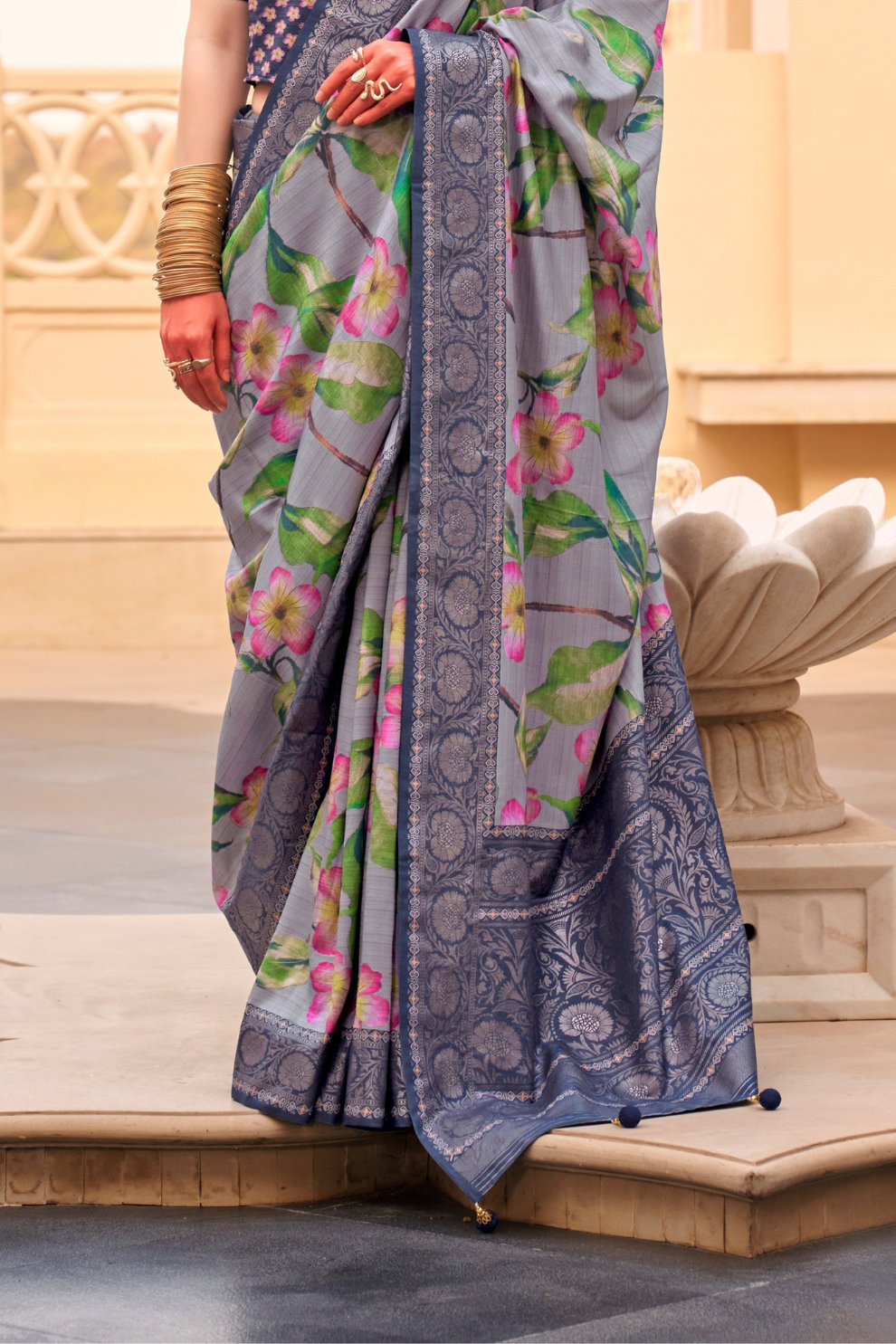 Modern Foil Printed Silk Saree with Aqua Inspired Finish