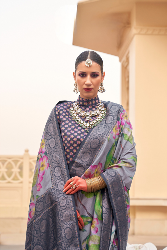 Modern Foil Printed Silk Saree with Aqua Inspired Finish