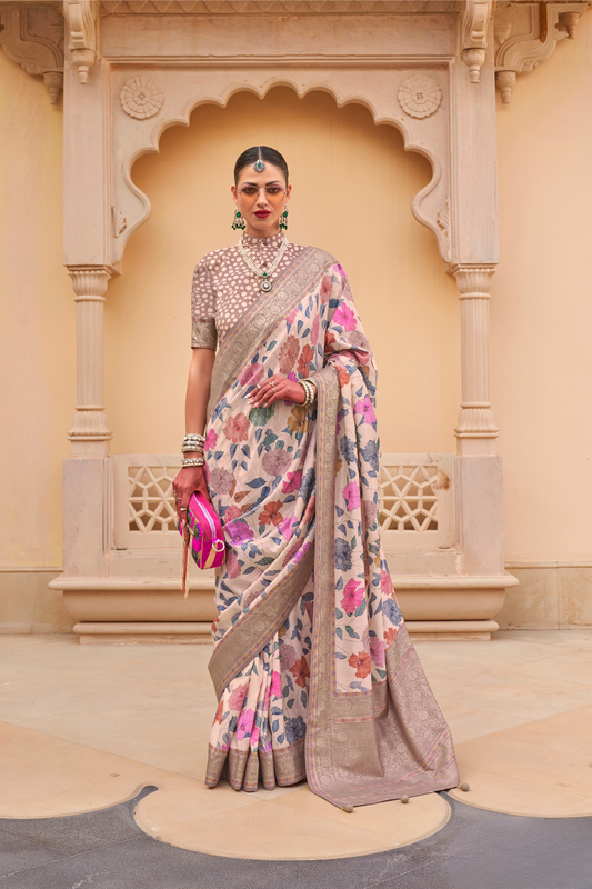 Modern Foil Printed Silk Saree with Aqua Inspired Finish