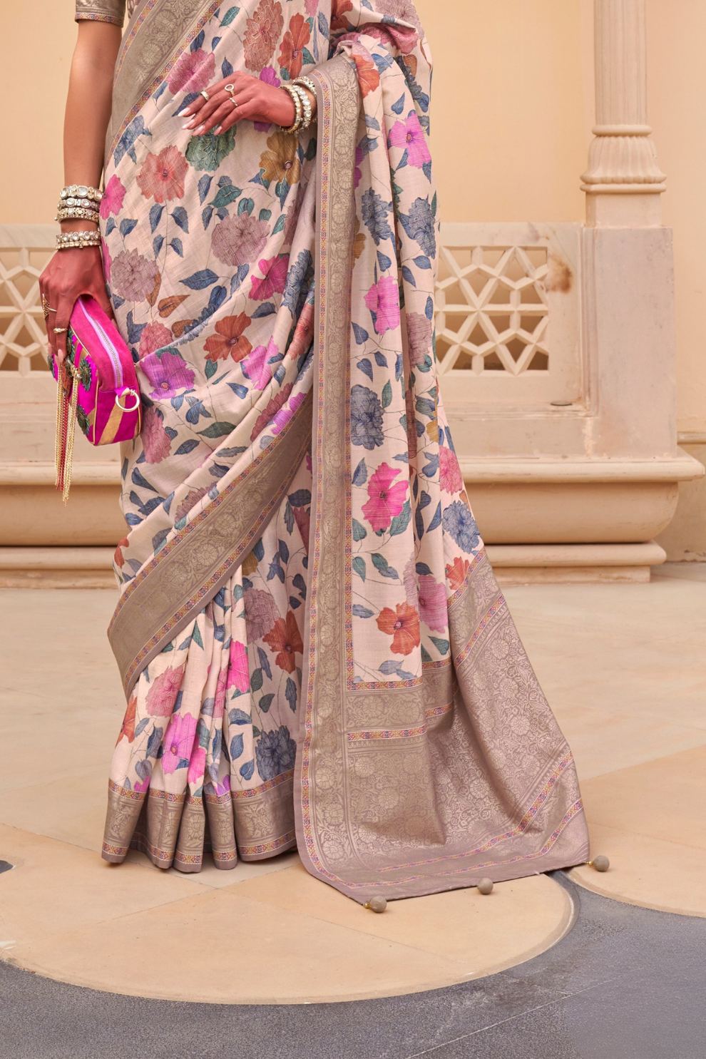 Modern Foil Printed Silk Saree with Aqua Inspired Finish