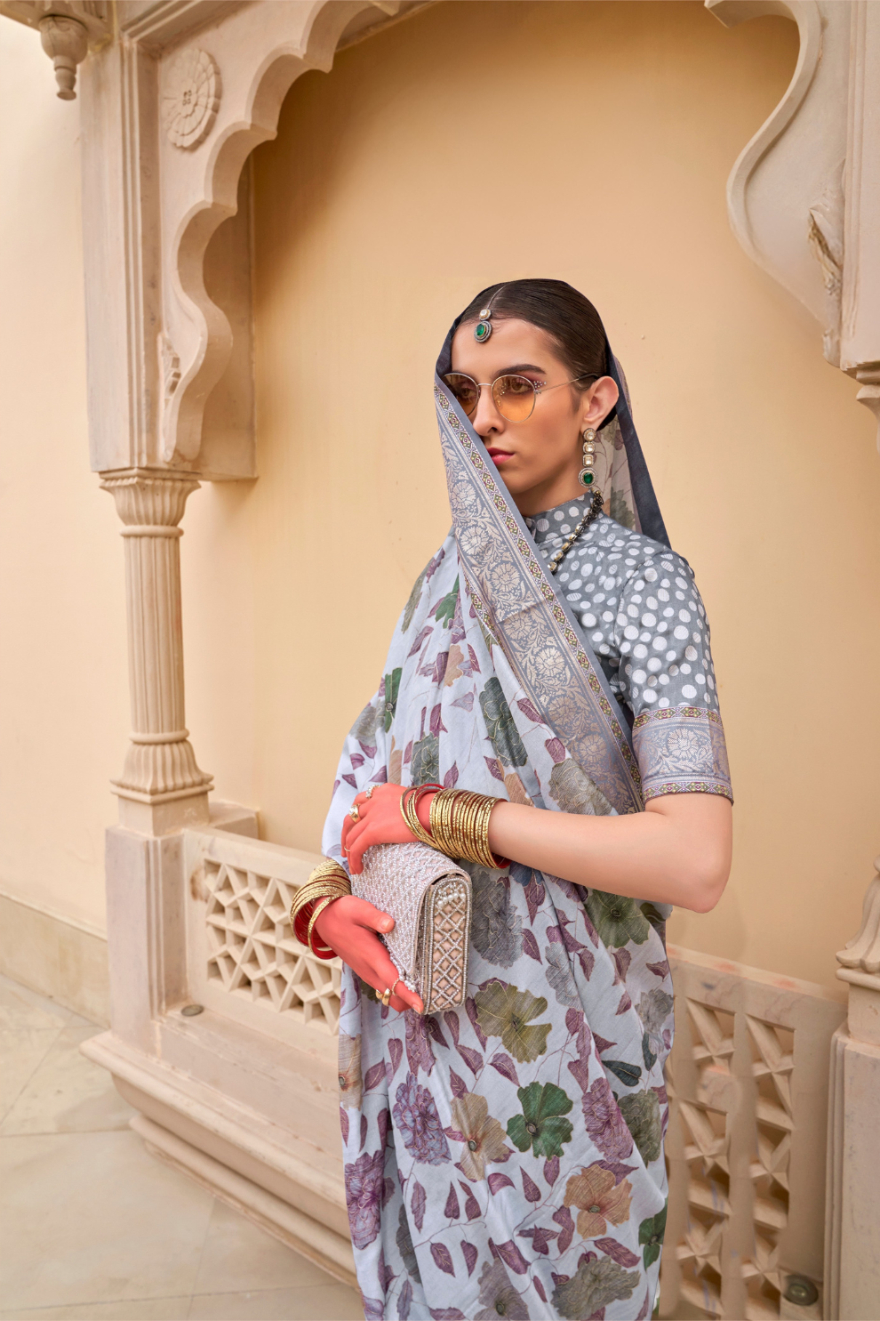 Modern Foil Printed Silk Saree with Aqua Inspired Finish