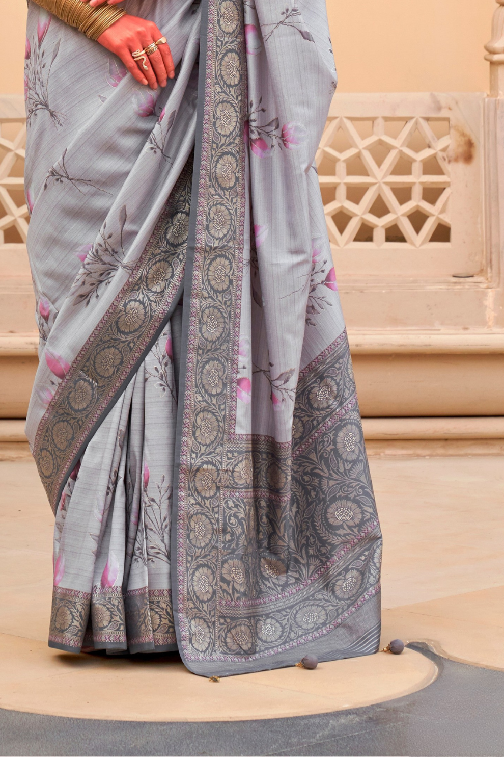 Modern Foil Printed Silk Saree with Aqua Inspired Finish