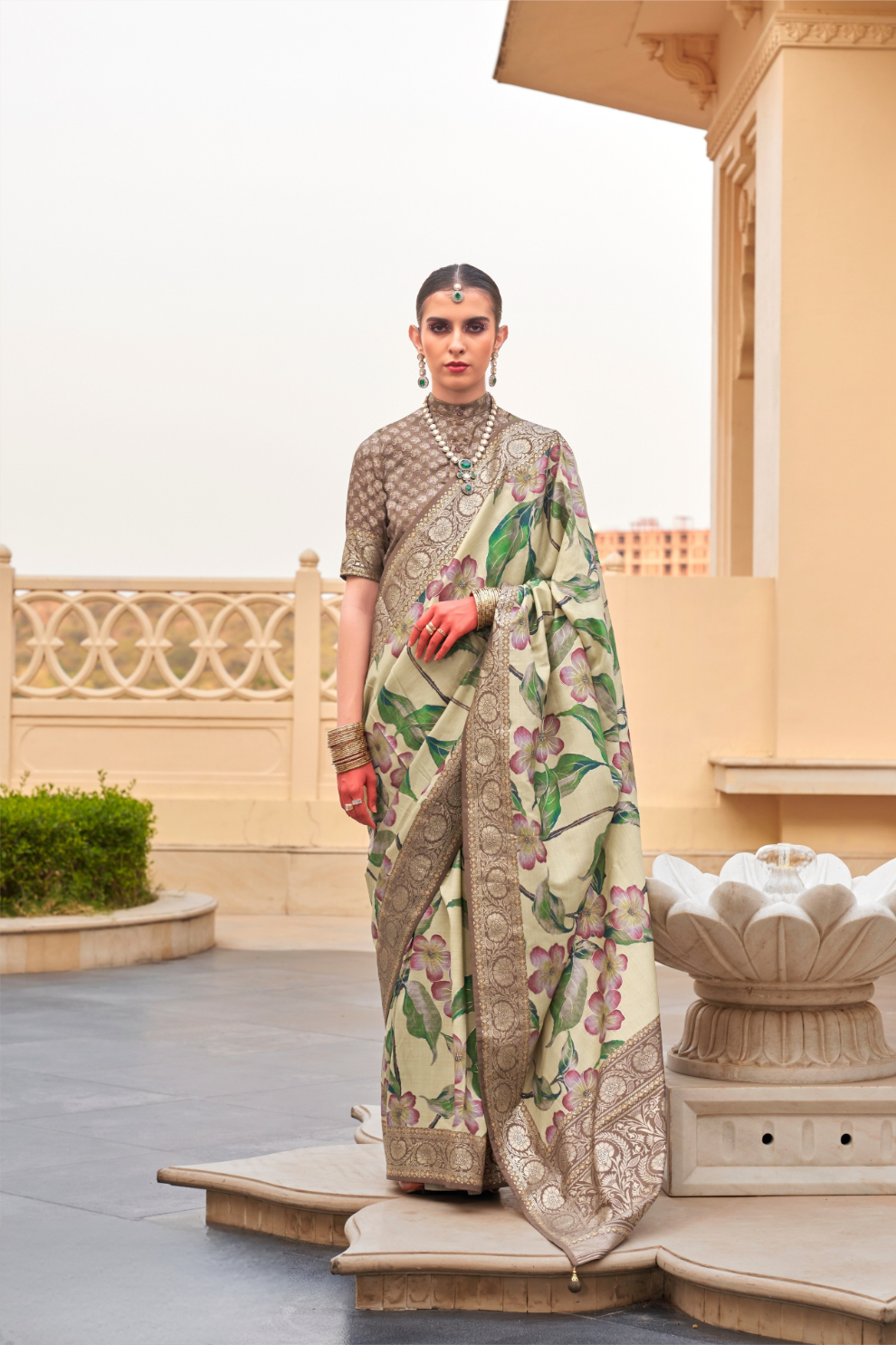 Modern Foil Printed Silk Saree with Aqua Inspired Finish