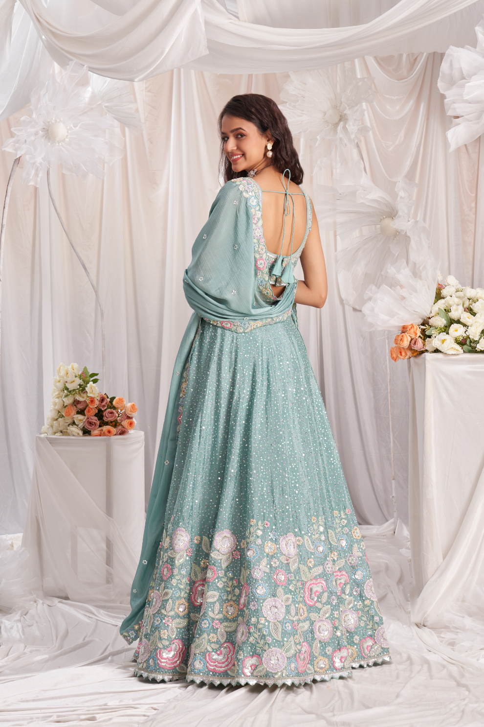 Pure Chiffon Sequins And Thread Embroidery Lehenga Choli Dupatta