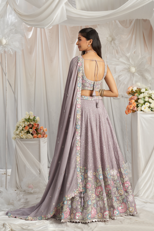 Pure Chiffon Sequins And Thread Embroidery Lehenga Choli Dupatta