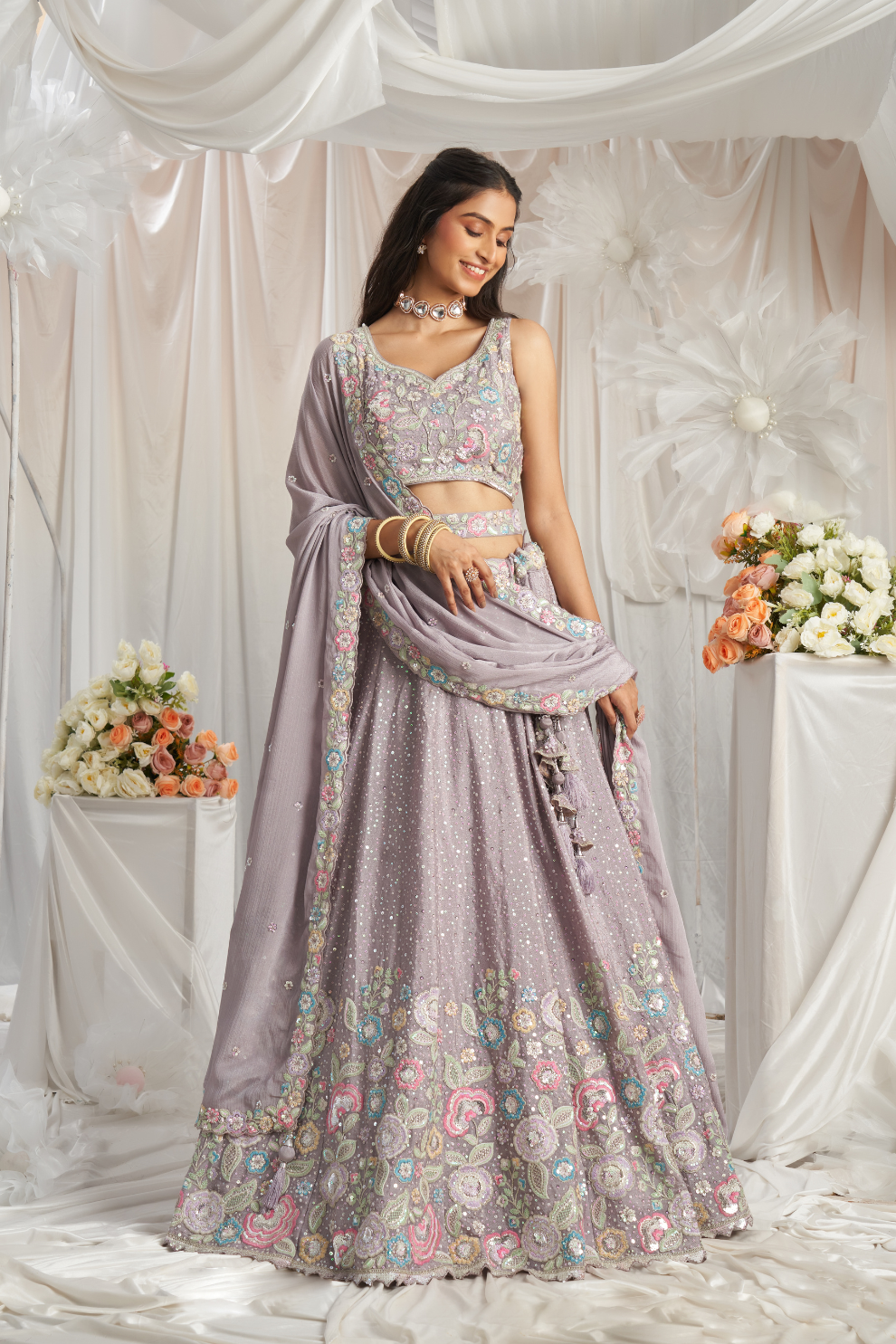 Pure Chiffon Sequins And Thread Embroidery Lehenga Choli Dupatta