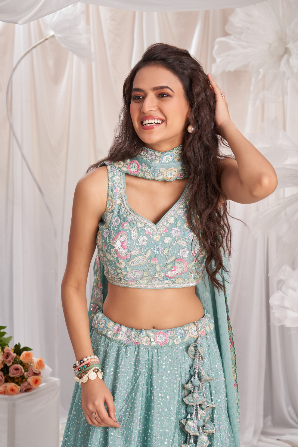 Pure Chiffon Sequins And Thread Embroidery Lehenga Choli Dupatta