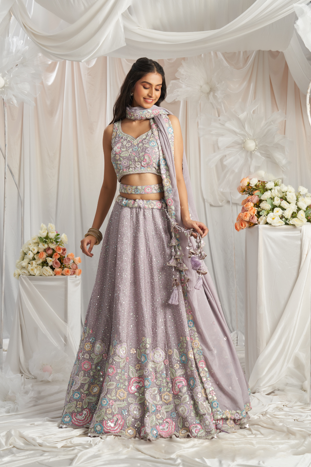 Pure Chiffon Sequins And Thread Embroidery Lehenga Choli Dupatta