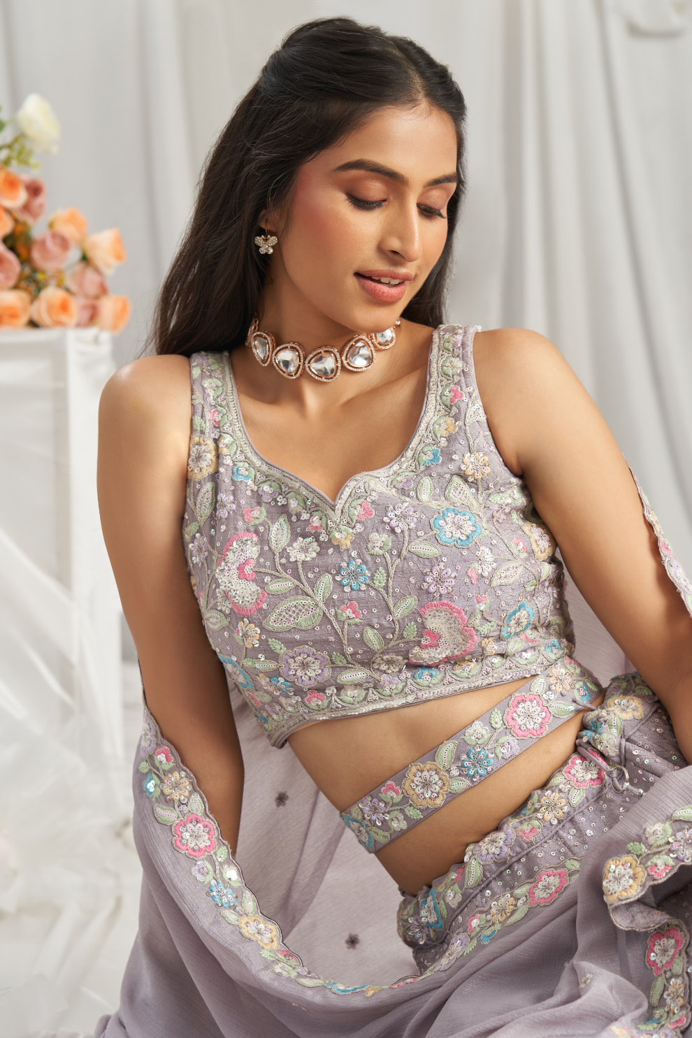 Pure Chiffon Sequins And Thread Embroidery Lehenga Choli Dupatta