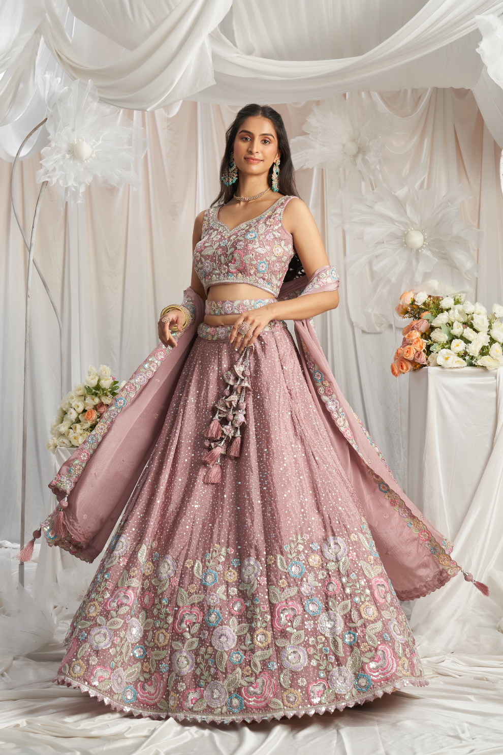 Pure Chiffon Sequins And Thread Embroidery Lehenga Choli Dupatta