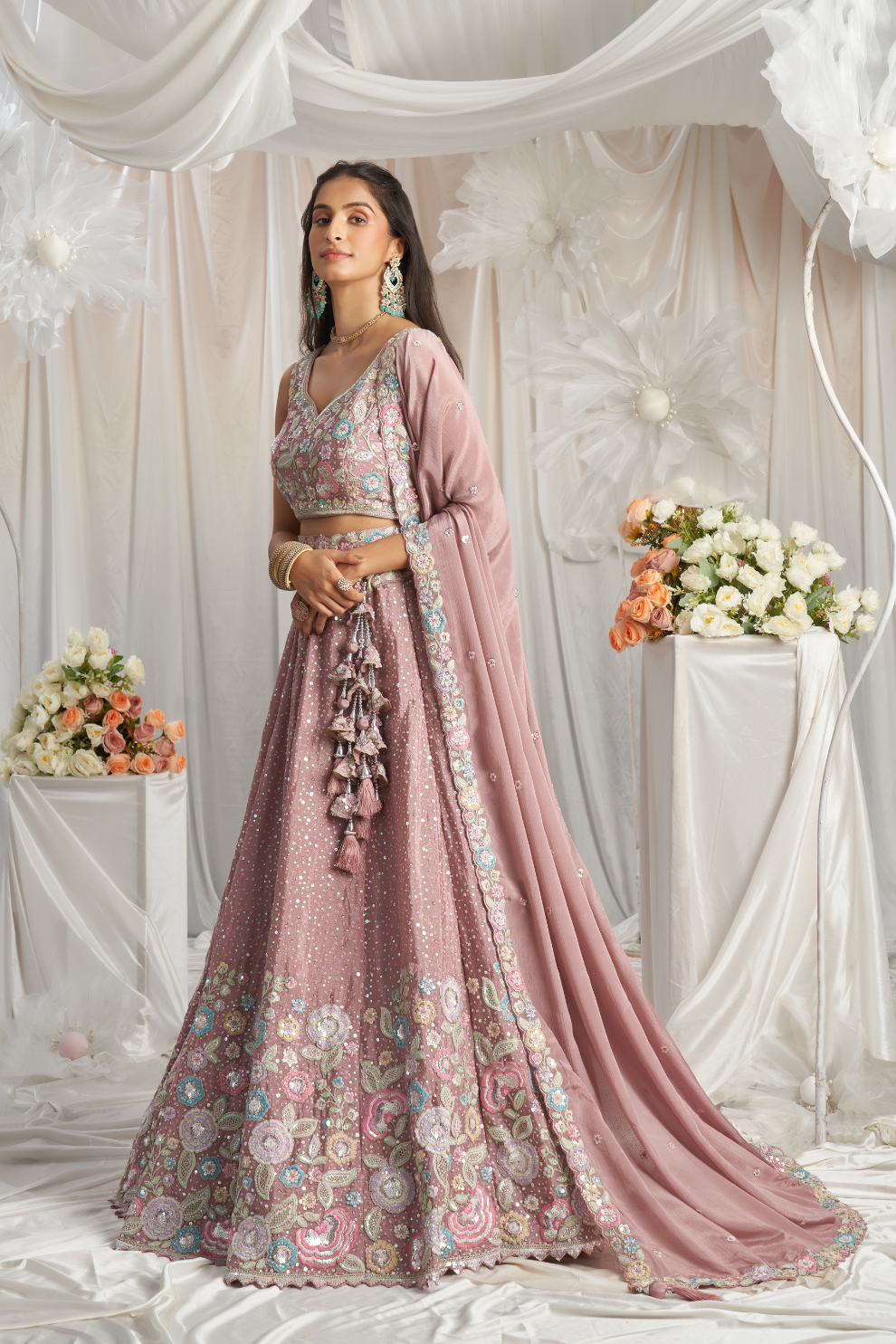 Pure Chiffon Sequins And Thread Embroidery Lehenga Choli Dupatta