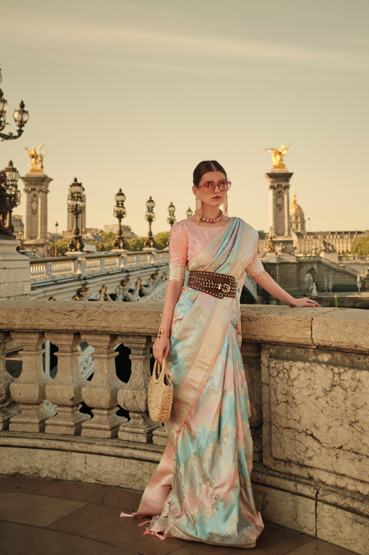 Banarasi Woven Satin Silk Blend Saree with Tassel Accents