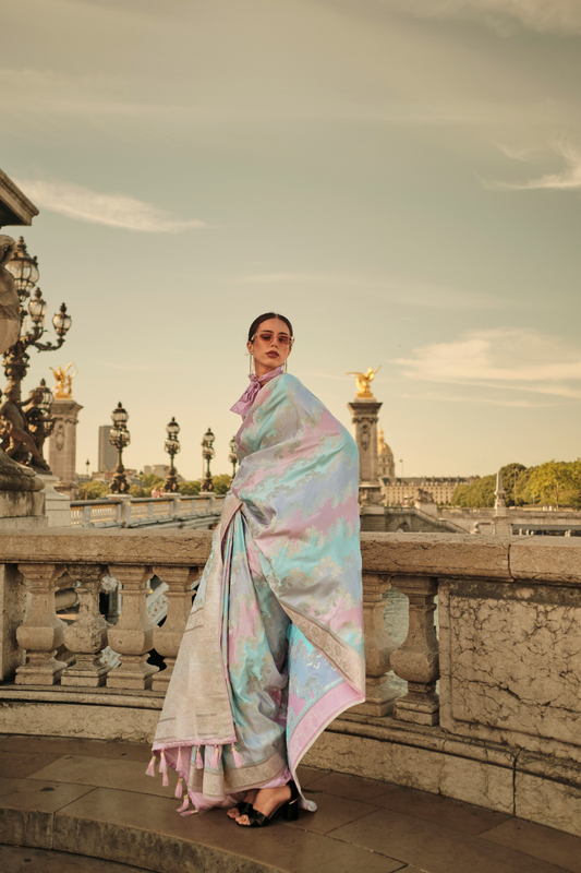 Banarasi Woven Satin Silk Blend Saree with Tassel Accents