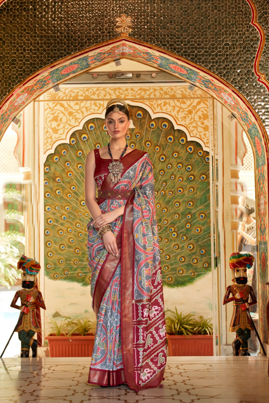 Classic Patola Printed Saree Enhanced with Contrast Zari Border