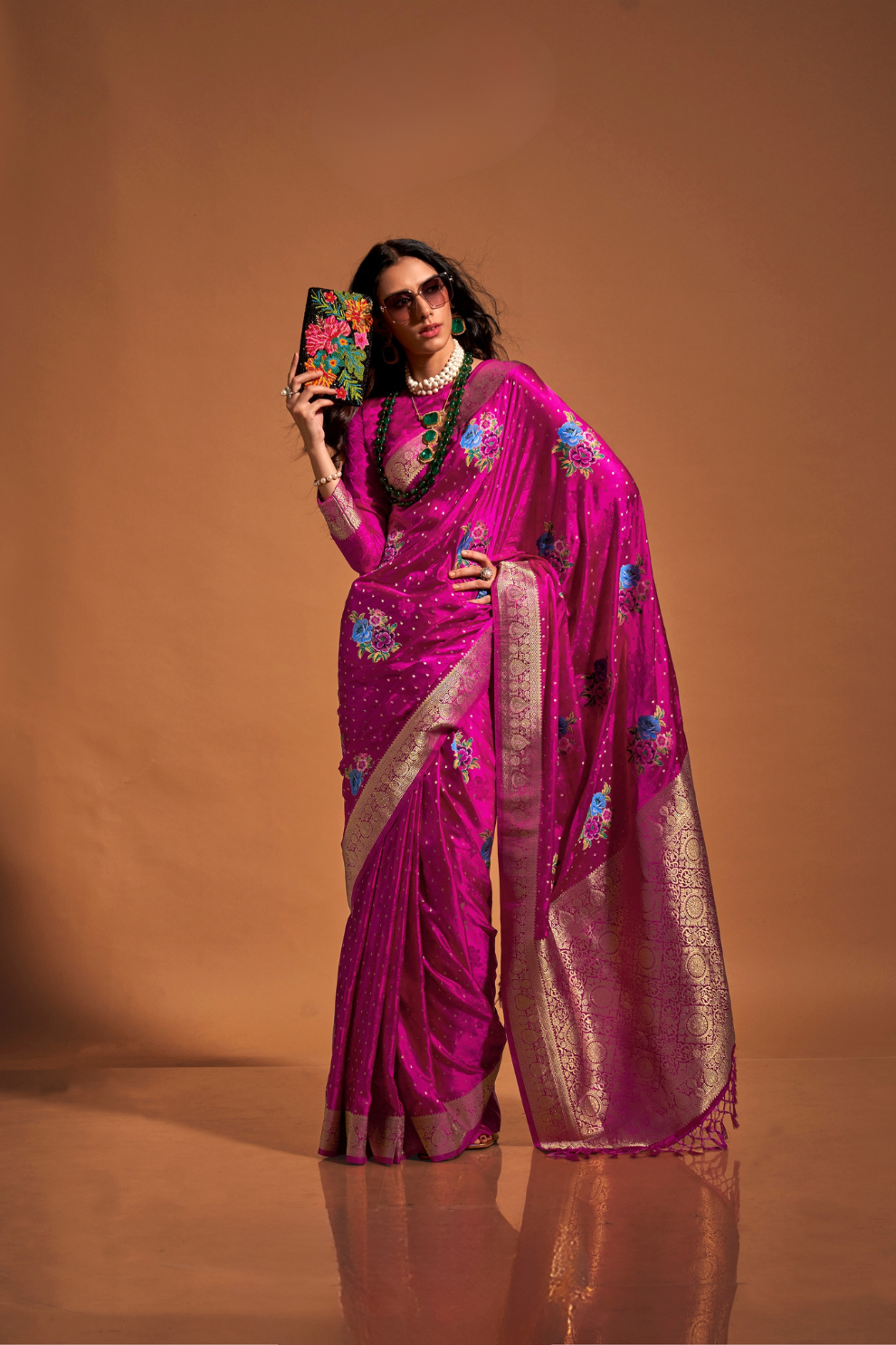 Elegant Floral Satin Silk Saree with Handloom Weaving Finish