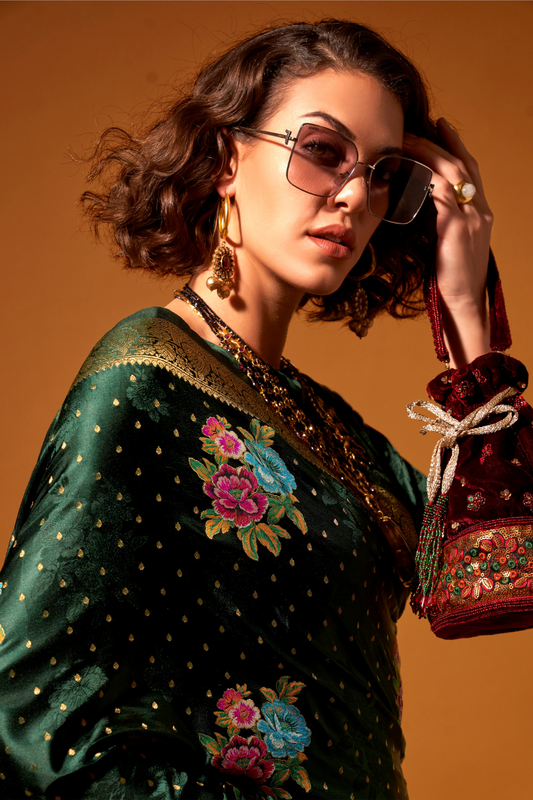 Elegant Floral Satin Silk Saree with Handloom Weaving Finish