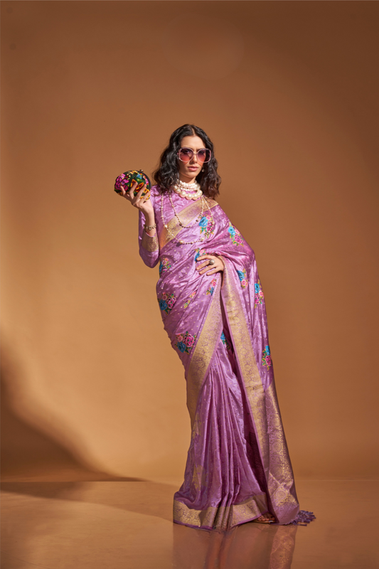Elegant Floral Satin Silk Saree with Handloom Weaving Finish