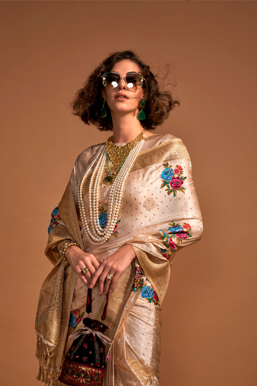 Elegant Floral Satin Silk Saree with Handloom Weaving Finish