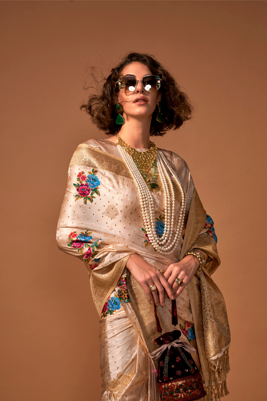 Elegant Floral Satin Silk Saree with Handloom Weaving Finish