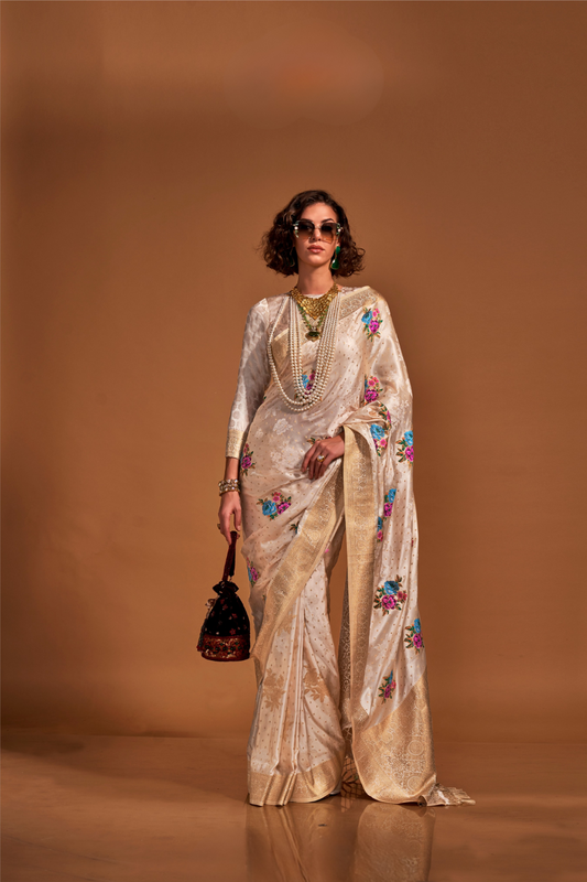 Elegant Floral Satin Silk Saree with Handloom Weaving Finish