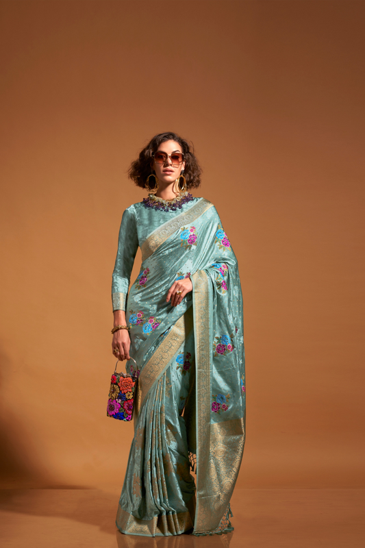 Elegant Floral Satin Silk Saree with Handloom Weaving Finish