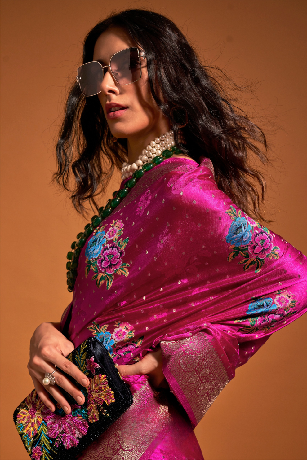 Elegant Floral Satin Silk Saree with Handloom Weaving Finish