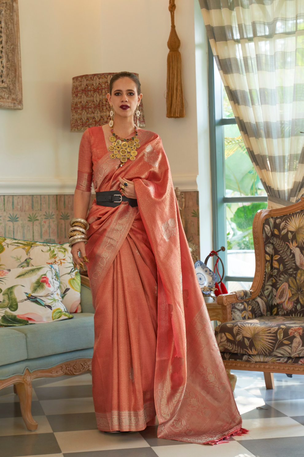 Woven Satin Tissue Silk Saree with Lustrous Texture and Graceful Drape