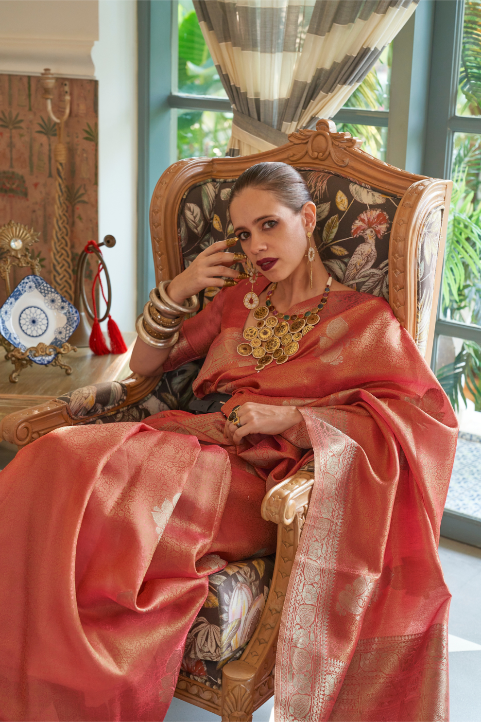 Woven Satin Tissue Silk Saree with Lustrous Texture and Graceful Drape