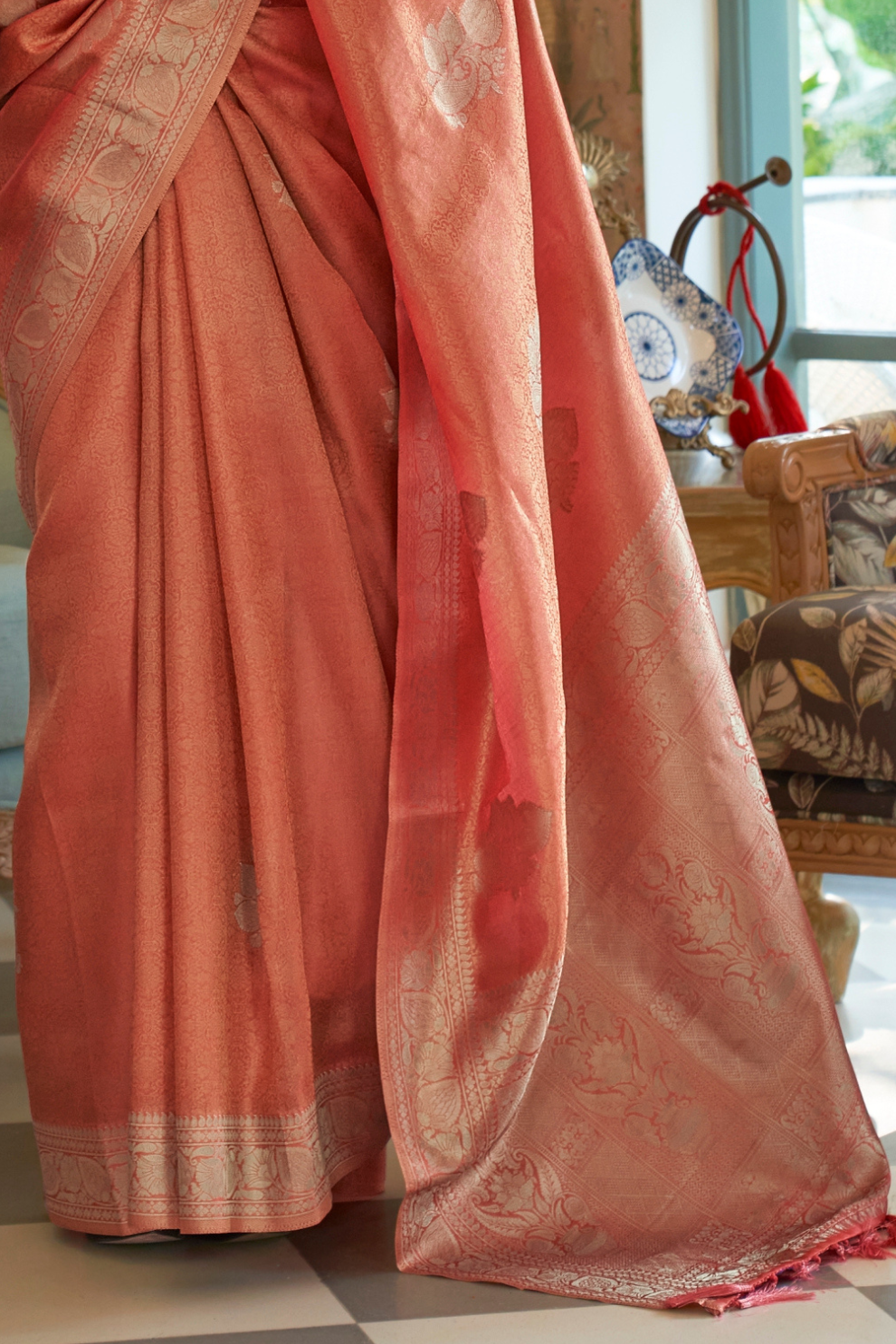 Woven Satin Tissue Silk Saree with Lustrous Texture and Graceful Drape