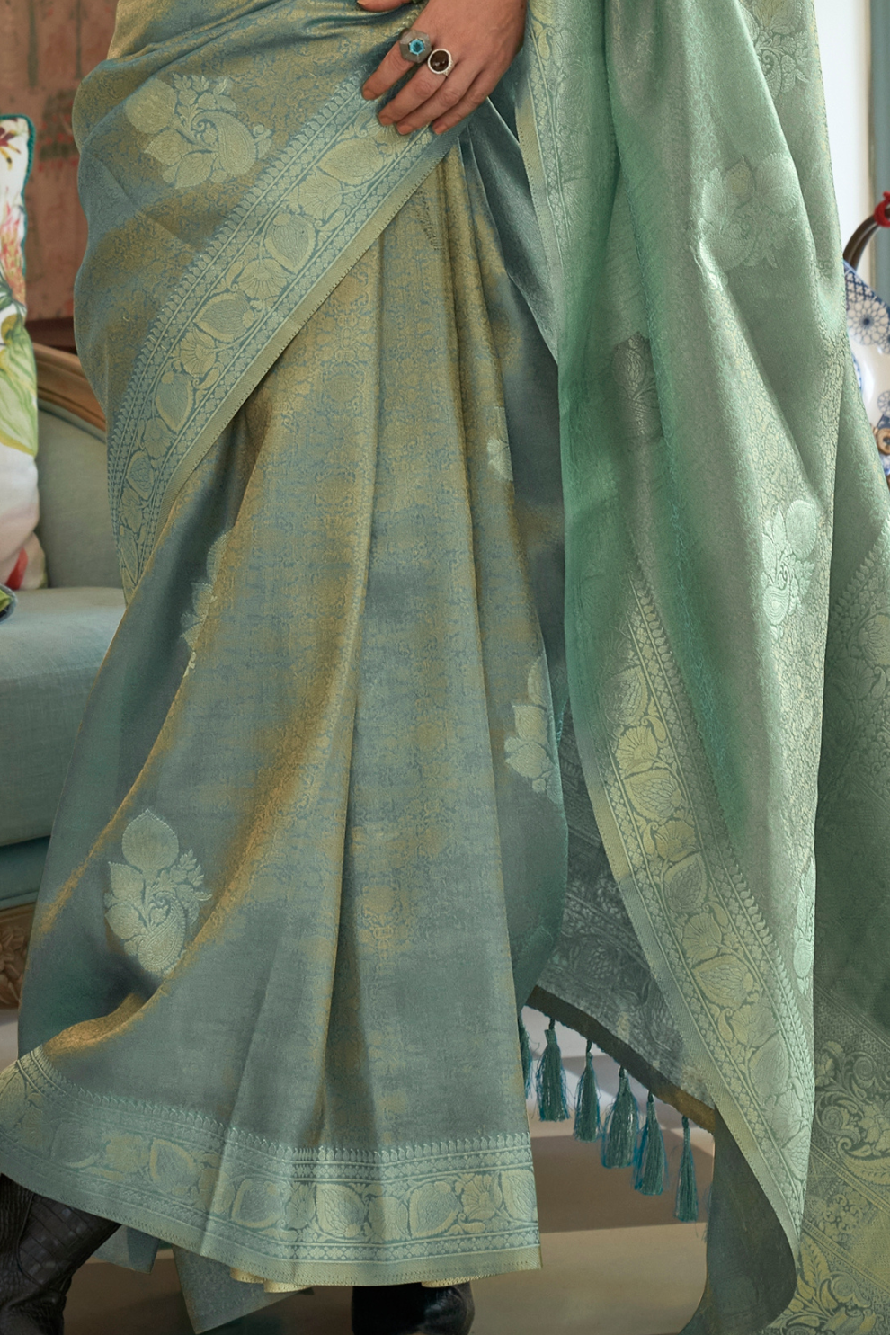 Woven Satin Tissue Silk Saree with Lustrous Texture and Graceful Drape
