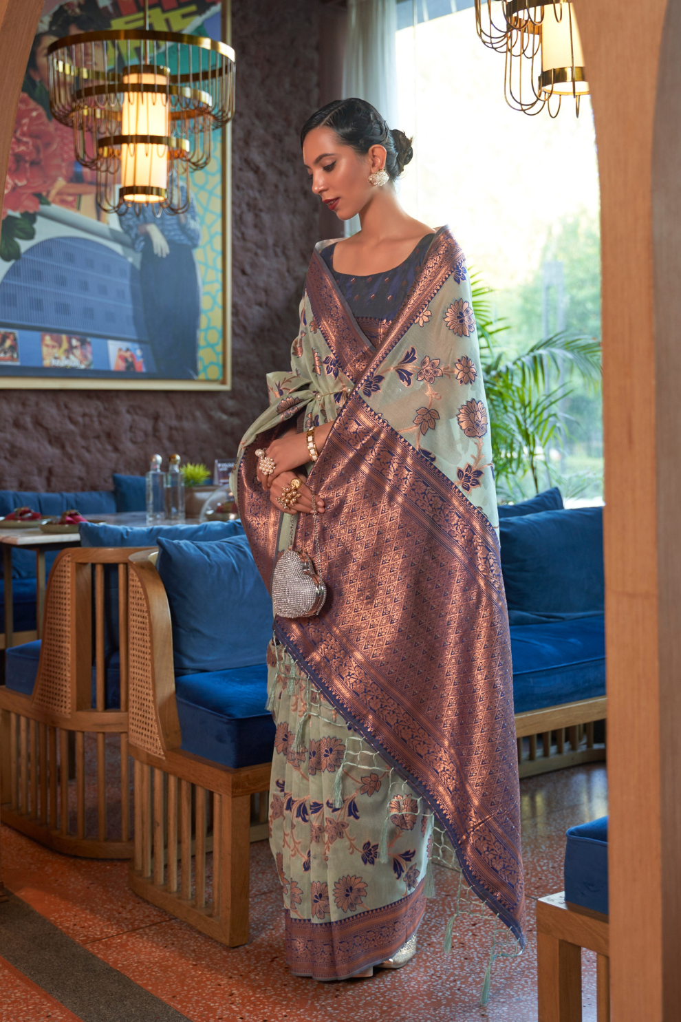 Shimmer Organza Silk Saree with Elegant Copper Zari Weaving