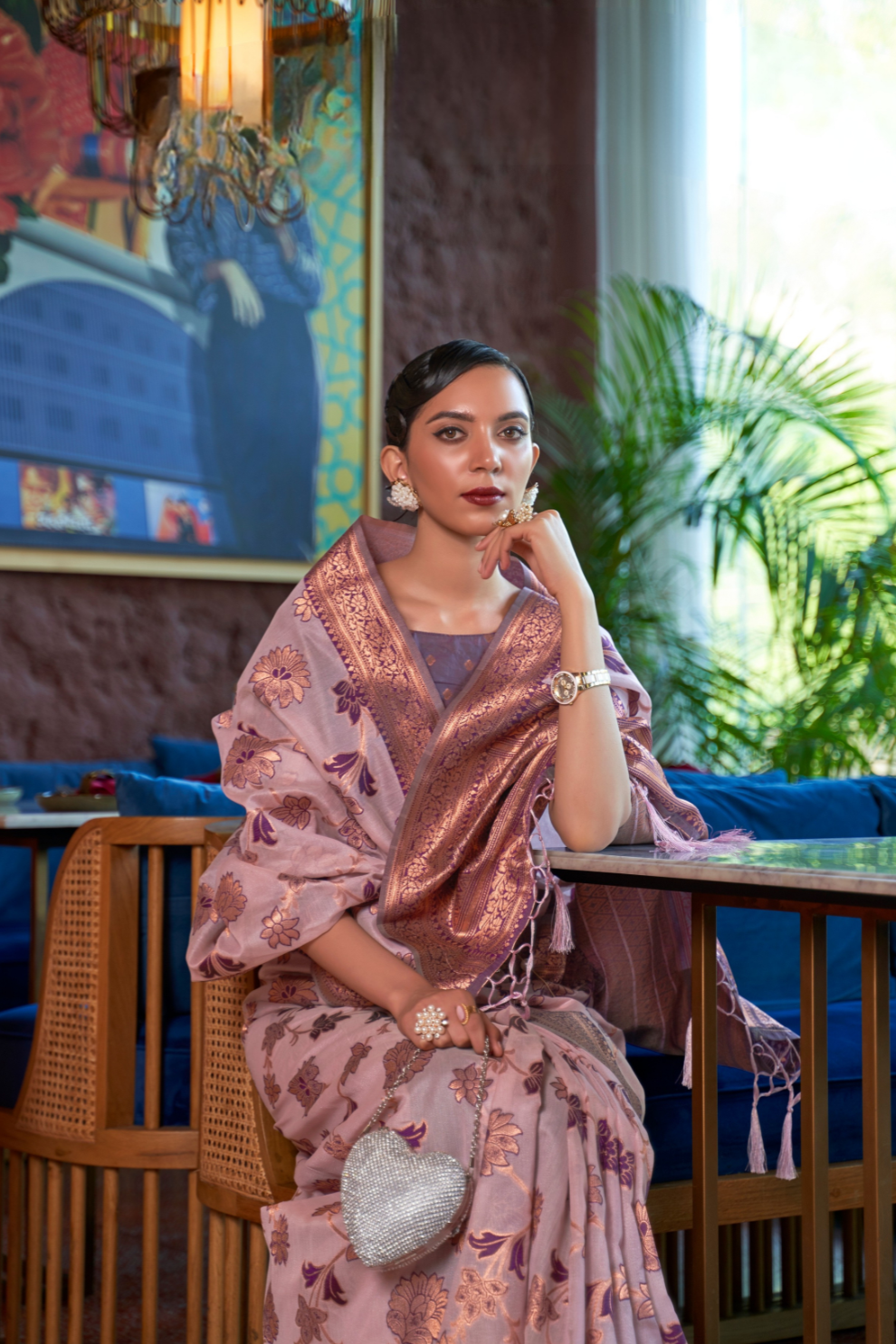 Shimmer Organza Silk Saree with Elegant Copper Zari Weaving